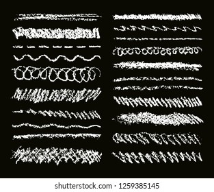 Crayon or chalk hand drawing doodle strokes on black chalkboard. Set of white ornate pencil design element like kid`s drawn. Vector art stroke line texture border, copy space on black board background