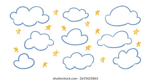 Crayon chalk kid cloud doodle bundle - adorable wonky stars uneven hand drawn style. Primitive rudimentary strokes fairytale dreamland vibes. Irregular diy craft supplies printables patterns.