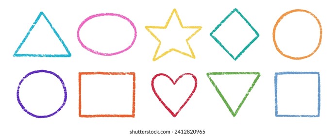 Crayon, chalk kid frame set. Round, square, heart shape hand drawn crayon texture vector color frame element. Chalk, pastel pencil kid craft paint style square, star border. Vector illustration.