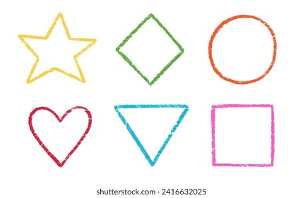 Crayon, chalk kid frame set. Round, square, heart shape hand drawn crayon texture vector color frame element. Chalk, pastel pencil kid craft paint style square, star border. Vector illustration.