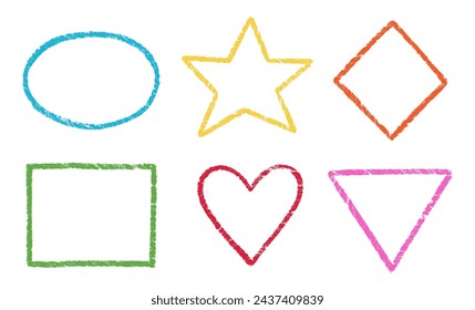 Crayon, chalk kid frame set. Round, square, heart shape hand drawn crayon texture vector color frame element. Chalk, pastel pencil kid craft paint style square, star border. Vector illustration.