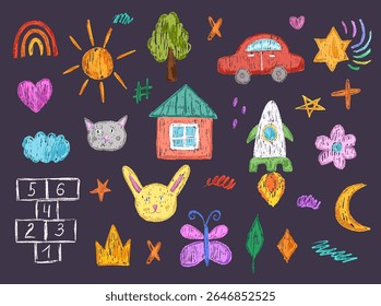 Crayon or chalk kid hand drawn elements. Wax brush texture icons for kindergarten on dark chalkboard