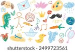 Crayon, chalk, pencil texture of kid set element. Colorful stickman, paper boat, fruits, lotus, moustache, aum, pencil, easel, letter, flower and more, doodle and scribble	
