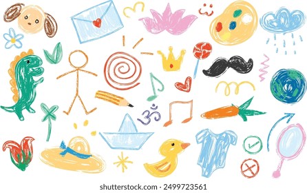 Stift, Kreide, Bleistifttextur eines Kinderspielelements. Bunte Stickman, Papierboot, Früchte, Lotus, Schnurrbart, aum, Bleistift, Staffelei, Brief, Blume und mehr, doodle und kritzeln	
