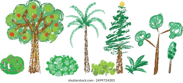 Crayon, chalk and pencil tree texture for kid, children hand drawing, fun joy and lovely set. Apple tree, bushes, pine tree, palm tree and more	
