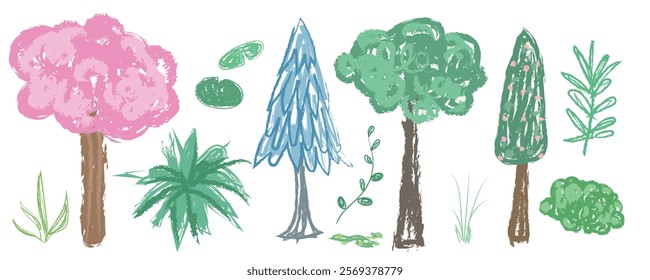 Crayon, chalk and pencil tree texture for kid, children kid hand drawing, fun joy and lovely set. tree, leaves, bushes, pine tree, palm tree and more