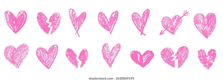 Crayon chalk pink heart doodle hand drawn scribble Valentine's Day romantic love collection. Simple pen marker vector art