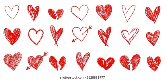 Crayon chalk red heart doodle hand drawn scribble Valentine's Day romantic love collection. Simple pen marker vector art