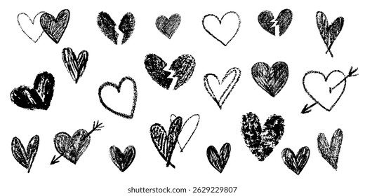 Crayon chalk red heart doodle hand drawn scribble Valentine's Day romantic love collection. Simple pen marker vector art