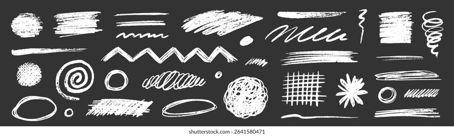 Crayon chalk scribble effect texture pastel stroke element set. Hand drawn crayon pencil brush stroke texture line shape on black background. Chalk scratch hand drawn style. Vector illustration