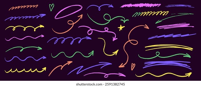 Crayon chalk set with arrow and underline texture. Line bright color scribble arrow sketch. Set crayon texture element for simple design. Vector illustration