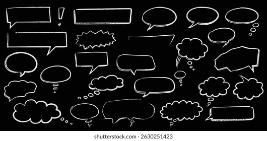 Crayon or chalk speech bubble set - hand drawn sketchy chat clouds, oval shapes dialog boxes, thought balloons, communication design elements in doodle