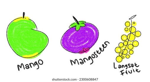 Crayon and chalk style tropical fruit illustration with fruit name underneath