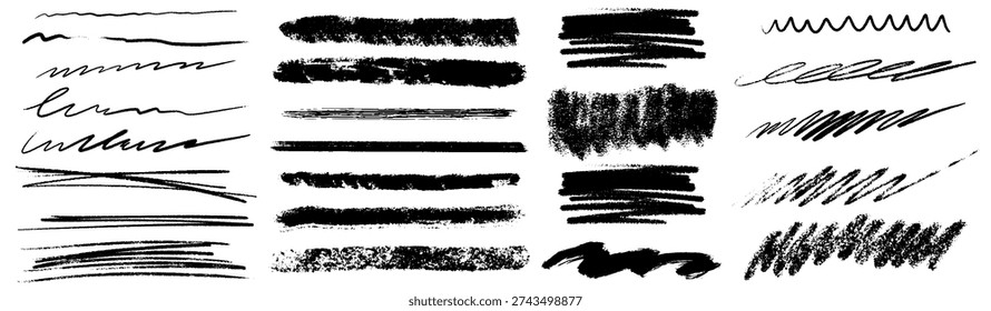 Crayon or chalk underline and highlight set. Hand drawn charcoal squiggly and scribble lines, strike through with crayon texture, straight pencil strokes. Vector stripes, doodle scratchy scribbles