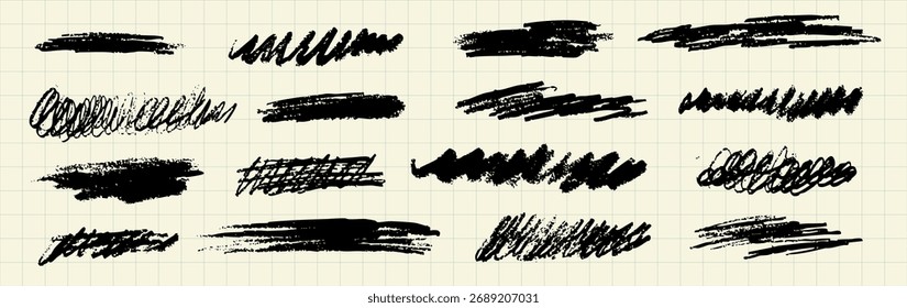 Crayon and charcoal black lines and stroke on paper background. Chalk brush texture