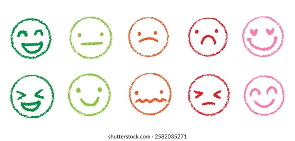 Crayon charcoal face emotion customer satisfaction survey service doodle faces set. Happy angry avatar sketches.