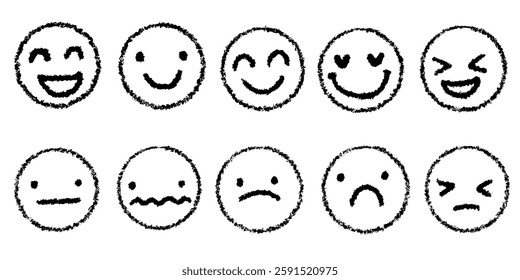 Crayon charcoal face emotion customer satisfaction survey service doodle faces set. Happy angry avatar sketches.