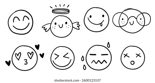 Crayon charcoal face emotion customer satisfaction survey service doodle faces set. Happy angry avatar sketches