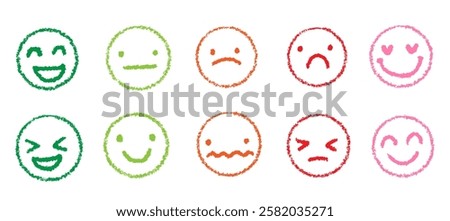 Crayon charcoal face emotion customer satisfaction survey service doodle faces set. Happy angry avatar sketches.