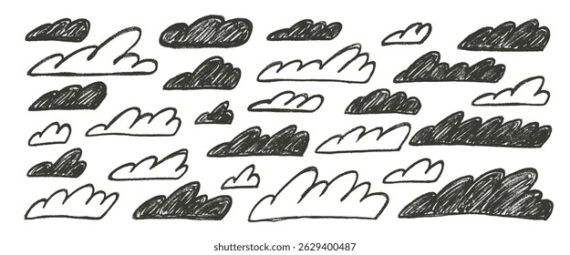 Crayon charcoal line clouds set. Naive hand drawn sky. Kids chalk textured elements. Pastel scribble cloudy weather speech bubbles. Vector wax pencil drawn illustration on white background.