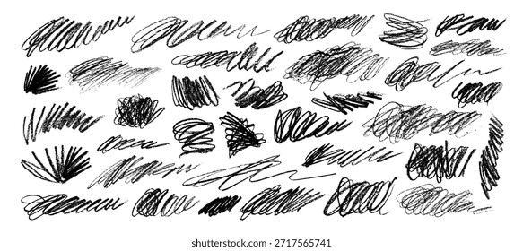 Crayon or charcoal scribbles, messy chaos lines, freehand scratches. Hand drawn doodle squiggles and scribbles with pencil or chalk texture. Chalk or rough dry marker messy strokes.
