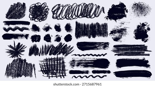 Crayón, líneas de paso de carbón, trazos de pincel ondulados. Subrayados de doodle dibujados a mano, marcadores, rayas de crayón, líneas rizadas, divisores de lápiz para notas, resaltados, Elementos de diseño de croquis artísticos.