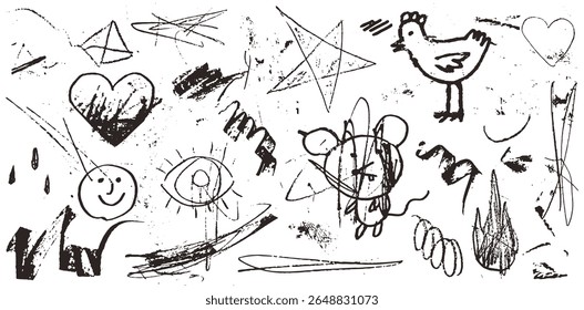 Crayon charcoal stroke scribble design elements. Chalk or pen hand drawn stickers. Vector messy drawings with grunge rough texture. Squiggle swirl line illustration set. Fun kid or child art sketch.