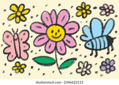 Crayon Child Drawing Flower and Bee