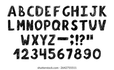 Crayon childish alphabet and numbers with pencil crayon texture. Hand drawn scribble letters and numbers in kids grunge style with crayon texture.