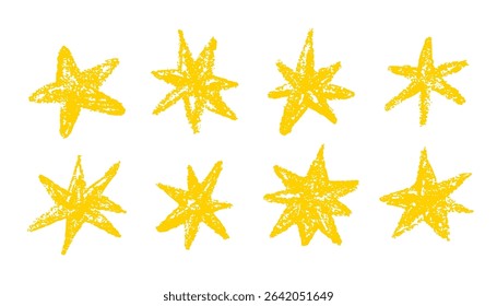 Crayon childish stars set. Vector hand drawn pencil icons. Chalk lines design elements, doodle sketch drawing