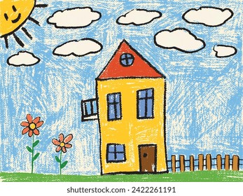 Edificio amarillo Crayon Children's Drawing con Jardín y Sol