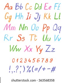 Crayon Child's Drawing Alphabet. Pastel Chalk Font. ABC Drawing Letters. Kids Drawn Colorful Alphabet. Vector.