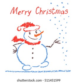 Crayon child's drawing merry christmas funny snowman with lettering on white. Pastel hand painting. Kids drawing vector illustration.