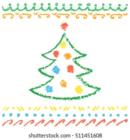 Crayon child's drawing merry christmas tree and balls   pattern white  Pastel hand painting  Kids drawing vector illustration 