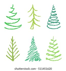 Crayon child's drawing merry christmas tree set white  Hand painting pastel green color  Kids drawing vector illustration 