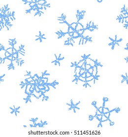 Crayon child's drawing merry christmas snowflake pattern on white. Hand painting pastel chalk. Kids drawing vector seamless background. Repeat christmas snow.