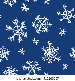 Crayon Child's Drawing Merry Christmas Snowflake Pattern. Hand Painting Pastel Chalk. Kids Drawing Vector Seamless Background. Repeat Christmas Snow.