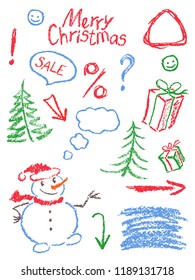 Crayon christmas holiday symbols like child's drawing funny doodle design element. Cartoon sketch style vector set. Pencil or chalk like kids hand drawn snowman, tree, gift box, frame, speech bubble