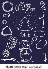 Crayon christmas new year sale symbols like child's drawing funny doodle design element. Cartoon sketch style vector set. Pencil or chalk Like kids hand drawn snowman, tree, gift box, frame, bubble