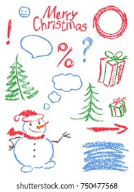 Crayon christmas new year symbols like child's drawing funny doodle design element. Cartoon sketch style vector set. Pencil or chalk Like kids hand drawn snowman, tree, gift box, frame, speech bubble