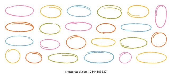 Crayon circle highlight, freehand ovals doodle. Chalk pencil ellipse frames, round shapes in sketch style. Hand drawn vector illustration isolated on white background