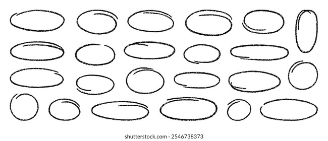 Crayon circle highlight, freehand ovals doodle. Chalk pencil ellipse frames, round shapes in sketch style. Hand drawn vector illustration isolated on white background