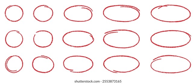 Crayon circle highlight, freehand ovals doodle. Chalk pencil ellipse frames, round shapes in sketch style. Hand drawn vector illustration isolated on white background