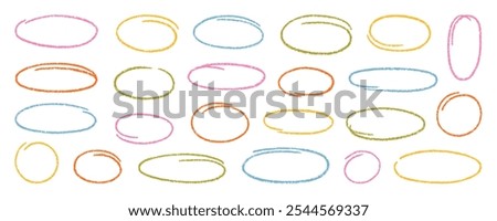 Crayon circle highlight, freehand ovals doodle. Chalk pencil ellipse frames, round shapes in sketch style. Hand drawn vector illustration isolated on white background