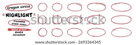 Crayon circle highlight, freehand ovals doodle. Chalk pencil ellipse frames, round shapes in sketch style. Hand drawn vector illustration isolated on white background