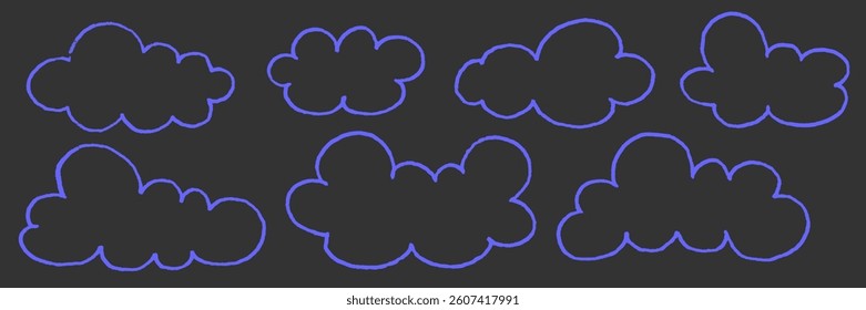 Crayon cloud texture with blue sky. Crayon kid scribble naive design. Blue cloud with chalk texture. Vector illustration