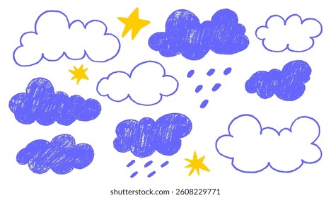 Crayon cloud texture with blue sky and star. Crayon kid scribble naive design. Blue cloud with chalk texture. Vector illustration