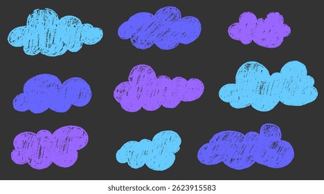 Textura de nuvem de giz de cera com céu azul. Crayon garoto rabiscar design ingênuo. Nuvem azul e roxa com textura de giz. Ilustração vetorial