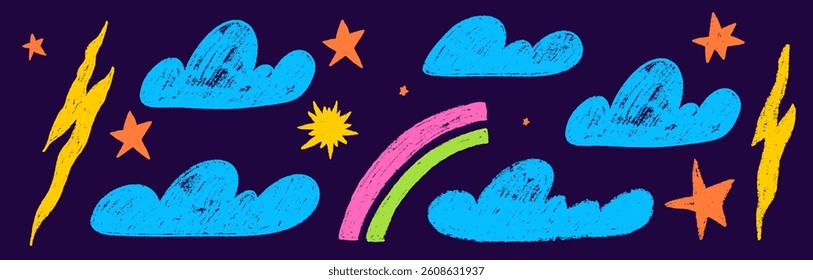 Crayon cloud texture with sky, star and lightning. Crayon kid scribble naive design. Blue cloud, yellow lightning and orange star with chalk texture. Vector illustration
