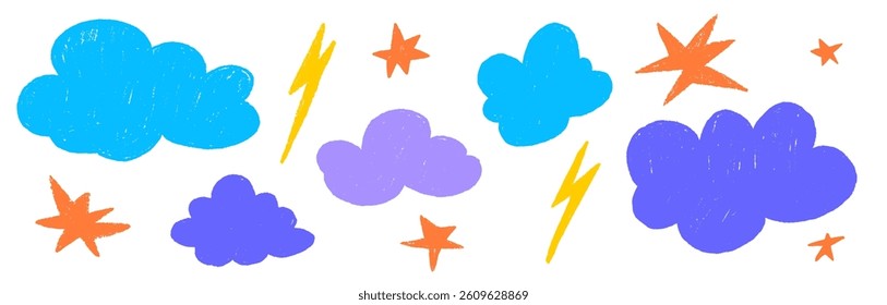 Crayon cloud texture with sky, star and lightning. Crayon kid scribble naive design. Blue cloud, yellow lightning and orange star with chalk texture. Vector illustration